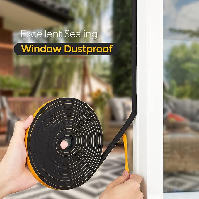 13 Feet Weather Stripping Door Seal, 1" Wide X 3/8" Thick Door Seal Strip High Density Foam Tape Adhesive Strip for Door Soundproofing,Window Insulation (1" x 3/8" x 13FT,Black)