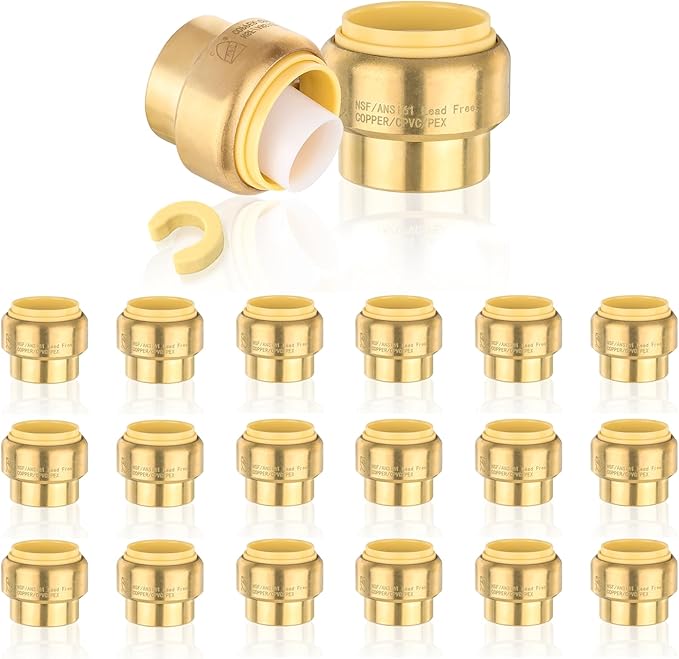 HeSun 20-Pack Pushfit Plug (End Cap), 3/4-Inch Push to Connect Plumbing Fittings with Disconnect Clip, Brass Push-fit Fittings for PEX, Copper, CPVC, PE-RT Pipes