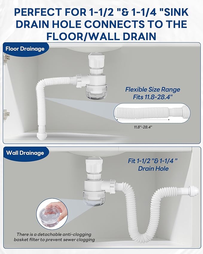 BOTEMY Brushed Bathroom Sink Drain Kit with Flexible Sink Drain Pipe -No Tool Installation,11.8-28.4" Anti-Odor Expandable Sink P-Trap,1.25"-1.5" Pop Up Stopper &Strainer Hair Catcher(with Overflow)