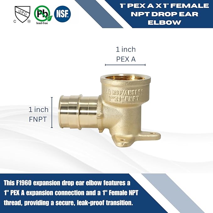2 Pcs XFITTING 1 Inch Pex A x 1 Inch Female NPT Drop Ear Elbow, F1960 Expansion Drop Ear Elbow, 29-6-8=2XX
