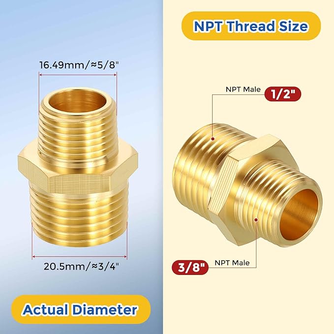 1 Pack Brass Pipe Fittings, 1/2" NPT Male to 3/8" NPT Male Brass Hex Nipple, Male Pipe Adapter Reducer for Air, Oil, LP