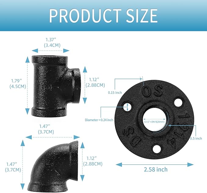 1/2" Black Pipe Fitting, 30 Pack Floor Flange/Elbow/Tee Combo for Industrial vintage style, Flanges/Elbow/Tee with Threaded Hole for DIY Project/Furniture/Shelving(30, Black 1/2")