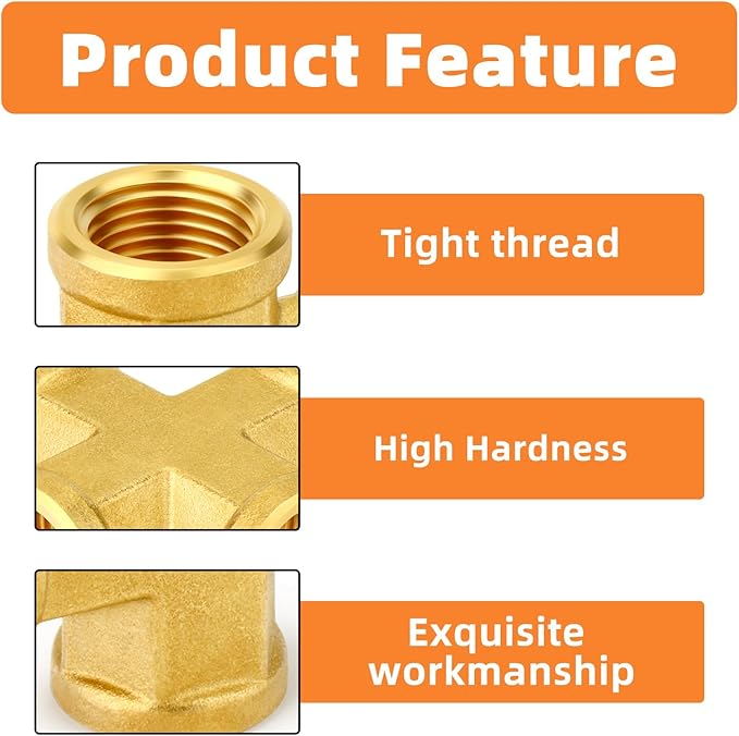 GASHER 5PCS Brass Pipe Fitting, Cross 4 Way Pipe Fitting, 1/4" x 1/4" x 1/4" x 1/4" NPT Female Pipe