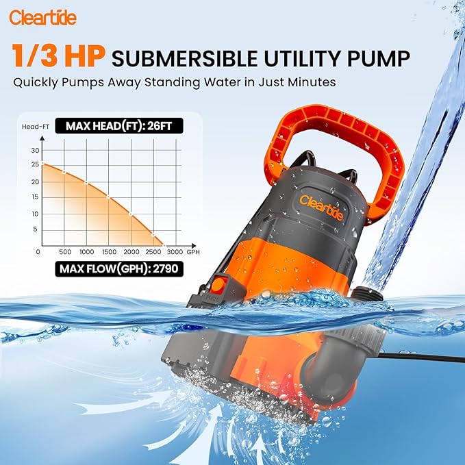 Cleartide Submersible Sump Pump with Smart Water Sensor, 1/3 HP 2790GPH High-Capacity Utility Pump, Auto and Manual Mode Handles 3/8" Solids, for Pool, Basement, Garden Drainage