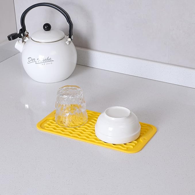 Silicone Dish Drying Mat for Multiple Usage,Easy clean,Eco-friendly,Heat-resistant Silicone Mat for Kitchen Counter or Sink,Refrigerator or Drawer Liner Yellow S 12 inches x 6 inches