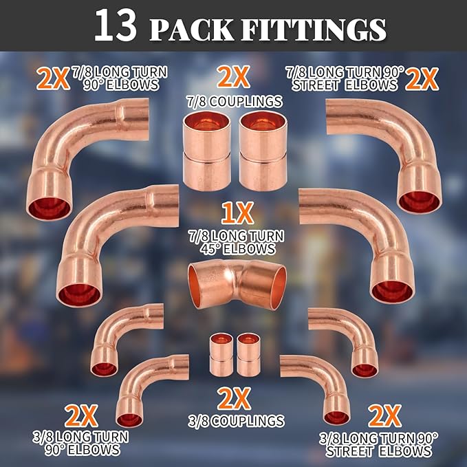 Copper Fittings Kit HVACR 3/8 & 7/8 Line Set, Copper Pipe Fitting Coupling and Elbow, Air Conditioning Refrigeration Liquid Line & Suction Lines Tubing Pipes for Central/Split A/C systems