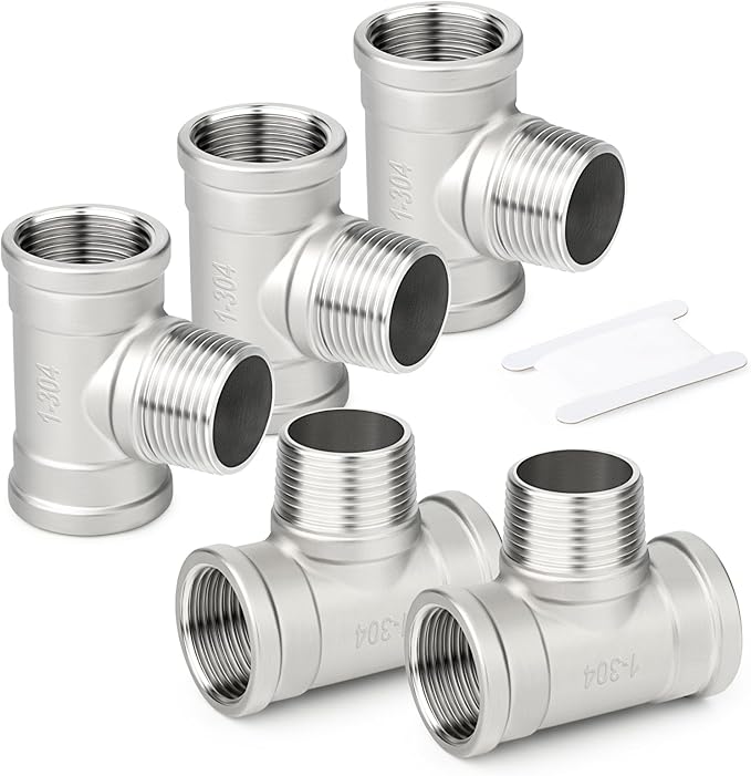 TAISHER 5PCS 304 Stainless Steel Tee Pipe Fittings, 1" NPT Female x 1" NPT Male x 1" NPT Female Pipe Fittings, Male Branch Tee