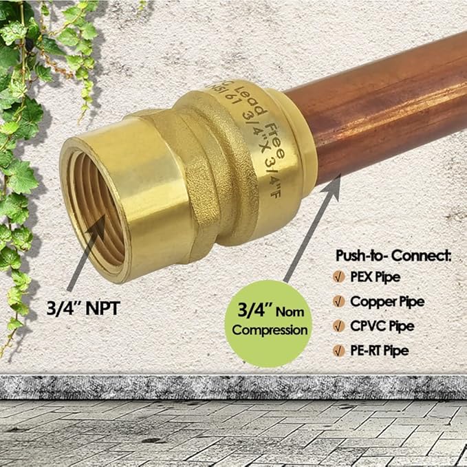 HQMPC Pex Fitting 3/4" Female Npt x 3/4" Push Fitting Straight Coupling Push Fit PEX Fittings Female, Push-to-Connect Copper, CPVC, No Pb Brass Plumbing Fittings (6PCS, 3/4")