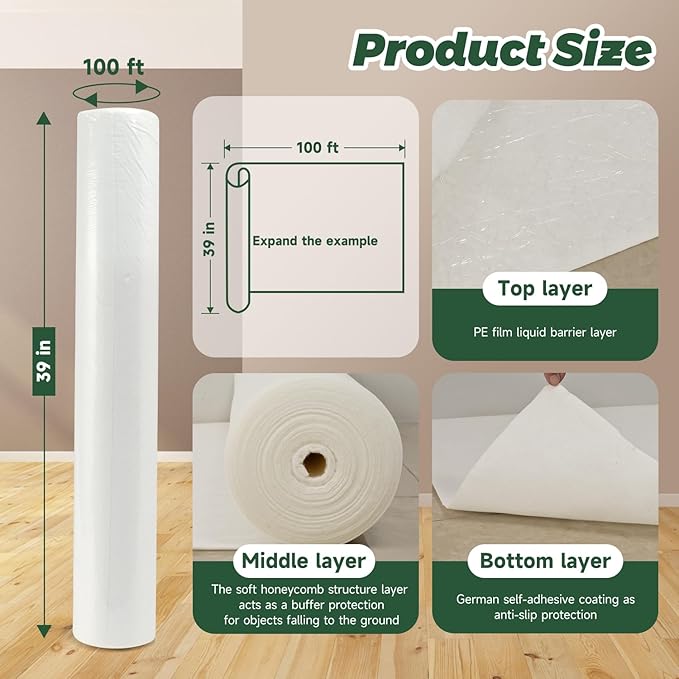39 in x 100 ft Temporary Floor Protection Reusable Self-Adhesive Floor Covering, Suitable for Decoration, Painting, Hardwood Floor Protection Film (325 Square Feet White)