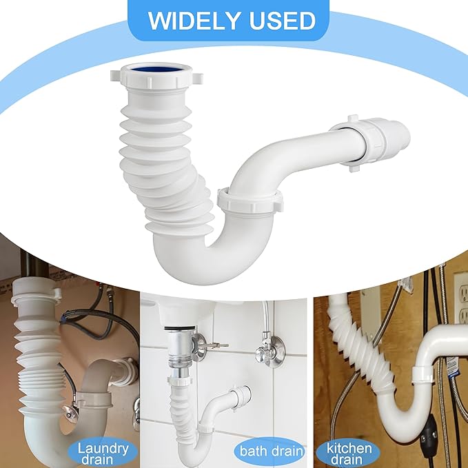 (1 Pack) Yariwiz White P Trap 1 1/2 Inch for Bathroom Kitchen Sink Drain Pipe Tubular Kit with Adjustable J-bend, White Threaded Adapter and Blue TPE Washer KSD-004W