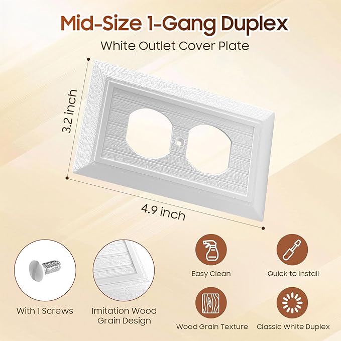 Classic Retro Wood Grain Design Style, 12-Pack White Outlet Covers Plate, Modern Decorative Electric Receptacle Light Switch Cover Plates (1-Gang Duplex Mid-Size)
