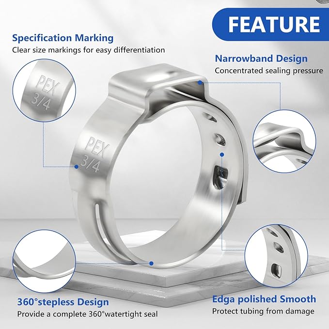 3/4 inch Pex Clamps 40pcs Pex Crimp Rings Single Ear Hose Clamps Stainless Steel Pex Fittings Cinch Clamp Ring for PEX Pipe Tubing