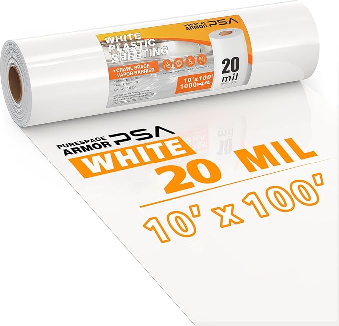 Crawl Space Vapor Barrier, 20 Mil Vapor Barrier, 10'x100', White Plastic Sheeting - Thick Plastic Sheeting, Heavy Duty Polyethylene Film, Drop Cloth Vapor Barrier Covering for Crawl Space, Basement