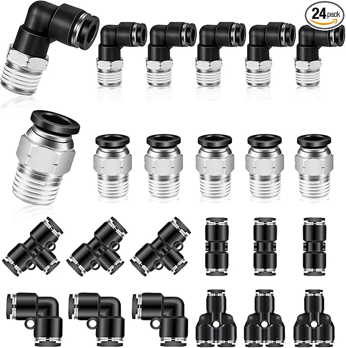 1/2 Push to Connect Fittings Kit - 24Pcs, 1/2 Inch Tube OD x 3/8 Inch NPT Male Elbow Straight Quick Connect Fittings for Pneumatic & Air Hose