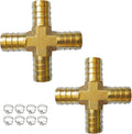 2PCs 3/4" Brass Hose Barb Fitting 4 Way Cross Barbed Splicer Mender Union Fitting with 8PCs Hose Clamp for Oil Water Air