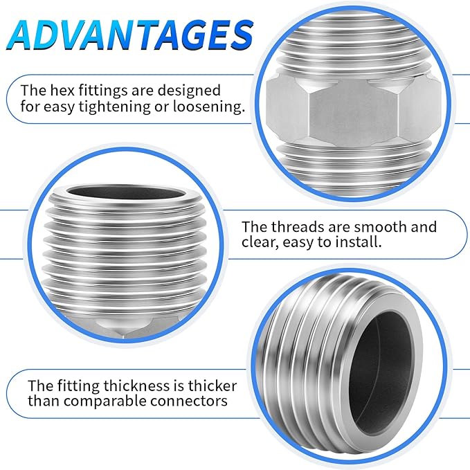 ChillWaves 304 Stainless Steel Pipe Fitting, Hex Nipple 3/8" NPT Male x 3/8" NPT Male Thread Adapter(3-PACK)