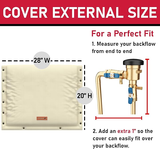 Redford Supply Co. Cold Snap (5°F) Backflow Preventer Insulation Cover, 3-Way Custom, 28"W x 20"H, Pipe Insulation, Water Sprinkler Covers for Outside, Sprinkler Backflow Cover for Winter (Beige)