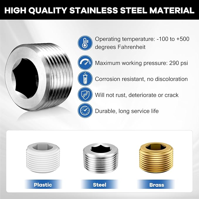 Stainless Steel Internal Hex Countersunk Male Thread Pipe Plug Connector, 1" NPT Male（Packs for 2）