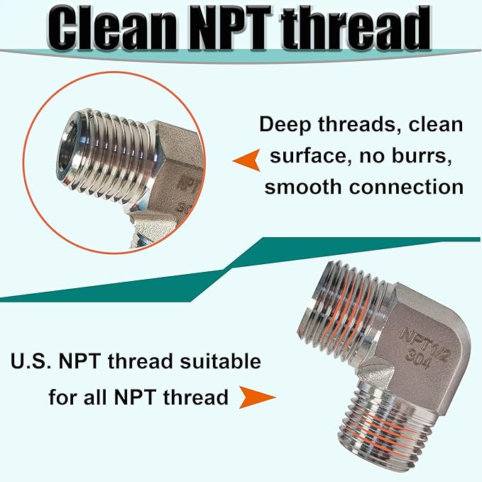 2pcs 90 Degree Street Elbow, 304 Stainless Steel Forged Barstock Street Elbow Adapter, Heavy Duty 1/4" NPT Male x 1/4" NPT Male Pipe Fitting Connector, 5800PSI (1/4" MNPT x 1/4" MNPT)