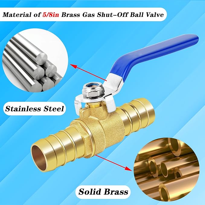 Brass Hose Barb Ball Valve Kit-2pcs 5/8" Heater Hose Shut Off Valve with Stainless Steel Clamps-High Temperature Resistance Shut off PEX Ball Valve for Water, Oil, Gas, Fuel line Fittings