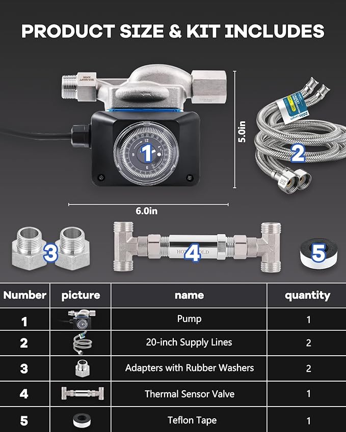 Instant Hot Water Recirculating Pump Kit with 304 Stainless Steel Bypass Valve for Tank Water Heaters Includes All Installation Components, And 20-Inch PEX Supply Lines for Potable Water