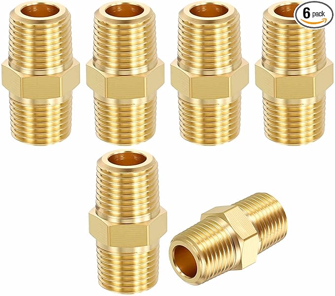 6 Pack Brass Pipe Fittings, 1/8" NPT Male to 1/8" NPT Male Brass Hex Nipple, Male Pipe Adapter Reducer for Air, Oil, LP