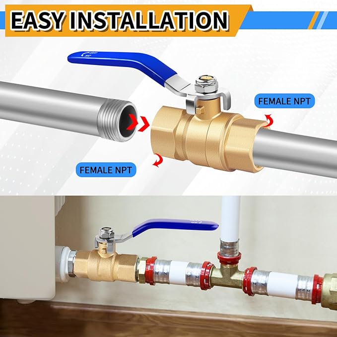 Boltigen 1 inch Forged Brass Ball Valve, 2Pack NPT Female to NPT Female Thread Heavy Duty Full Port Shut Off Valves, 600 WOG Long Handle Metal Plumbing Full Bore Control Valve Pipe Connector Fitting