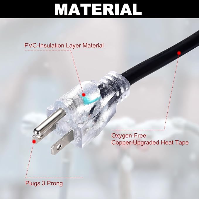 MECCANIXITY 50FT Self-Regulating Water Pipe Heat Tape,5W/Ft 120V Electric Plugs 3 Prong Heating Trace Cable for Metal and Plastic Pipe Freeze Protection Keeps Water Flowing