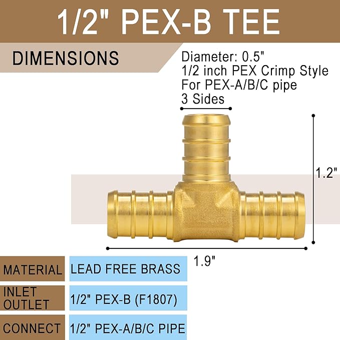 [25 Pieces] Lingmfg Pex Fittings 1/2 Inch Tee, 1/2 Inch Pex F1807 Crimp Brass