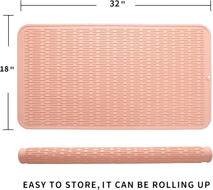 Silicone Dish Drying Mat for Multiple Usage,Easy clean,Eco-friendly,Heat-resistant Silicone Mat for Kitchen Counter or Sink,Refrigerator or Drawer Liner Pink 4XL 32 inches x 18 inches