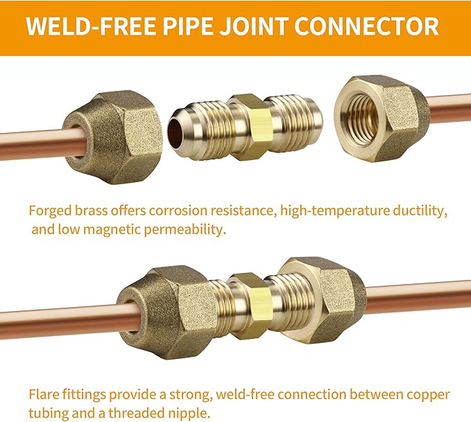AC Pipe Connectors - 1/4" & 1/2" Copper Joints with HVAC Flare Nuts, 2 Packs