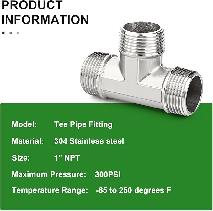 TAISHER 5PCS 304 Stainless Steel Tee Pipe Fittings, 1" x 1" x 1" NPT Male Pipe Fittings
