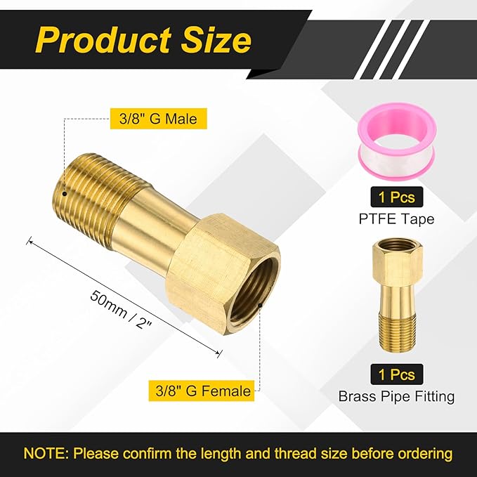 PATIKIL 3/8" g Male x 3/8" g Female Brass Pipe Fitting, Nipple Brass Fitting Extension Pipe Fittings Adapter Connection with Tape 2 Inch / 50mm Length