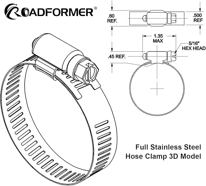 ROADFORMER 2.5" Worm Gear Hose Clamp - SAE 40 Size, Full Stainless Steel with 1/2" Band Width, Working Range 52mm - 76mm Hose Clamps, 10 Pack