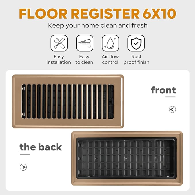 6x10 Floor Register, 4 Pack Brown Floor Vent Covers, Heavy Duty Steel Walkable Floor Vents, Easy Adjust Air Supply Lever, Vent Covers for Home Floor, Air Vent Covers