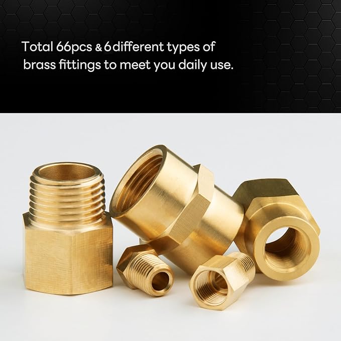 KOOTANS 66PCS Brass Pipe Fittings Assortment Kit NPT Adapter Fitting, Reducer Bushing, Hex Nipple, Reducing Hex Coupling, Pipe Head Brass Plug Kit
