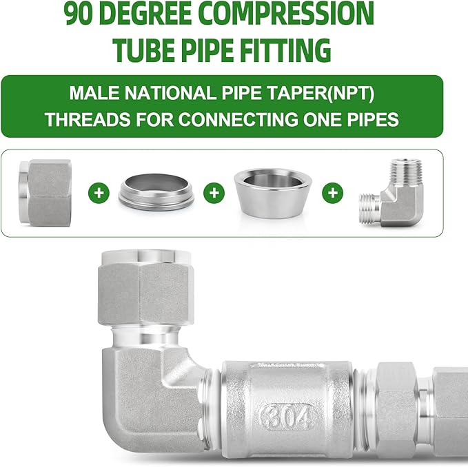 TAISHER 1PCS 304 Stainless Steel 90 Degree Compression Tube Pipe Fitting Connector, 8MM Tube OD x 1/4" NPT Male Adapter