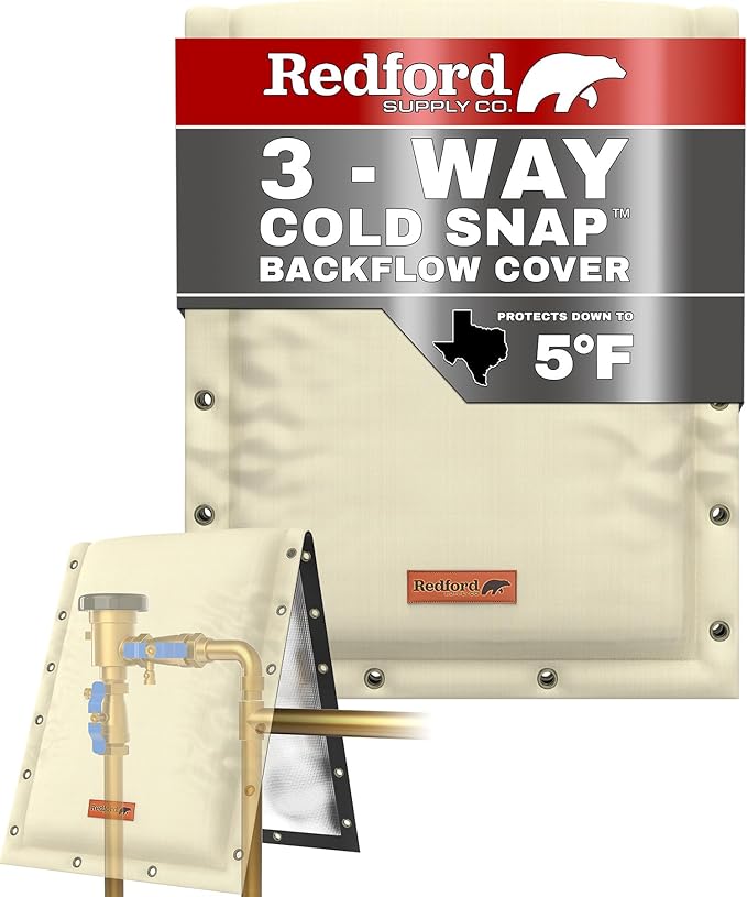 Redford Supply Co. Cold Snap (5°F) Backflow Preventer Insulation Cover, 3-Way Custom, 16"W x 20"H, Pipe Insulation, Water Sprinkler Covers for Outside, Sprinkler Backflow Cover for Winter (Beige)