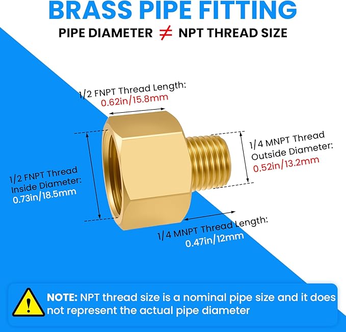 SDTC Tech 4-Pack Brass Pipe Fitting 1/4 NPT Thread Male to 1/2 NPT Thread Female Reducer Adapter, Brass Pipe Extension Connectors