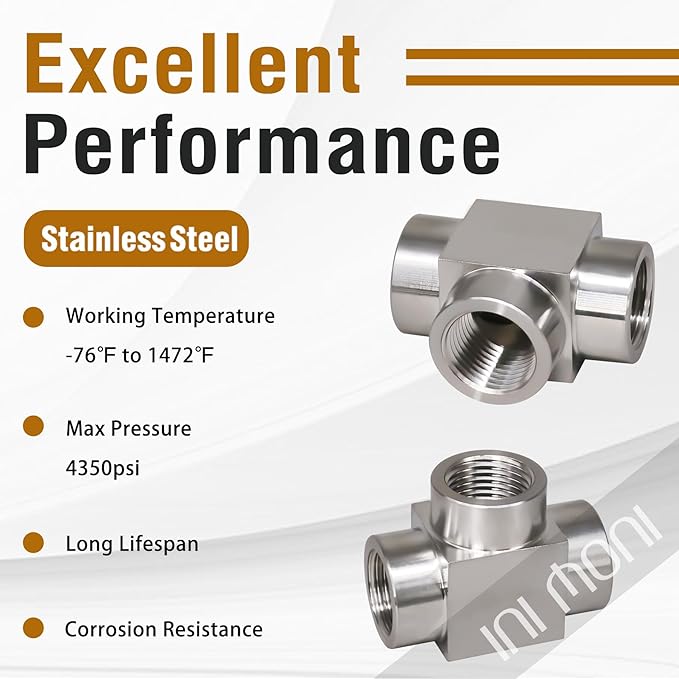 NPT 1/2 tee pipe fitting female thread 3 ways T adapter, stainless steel hose fitting tee t shape pipe connector for outdoor irrigation setup/pressure gauge, 4350 psi