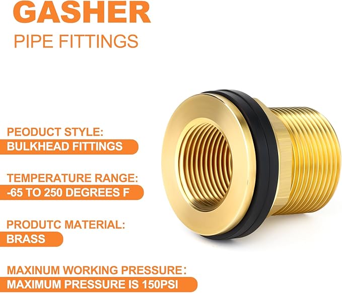 GASHER 1PCS Brass 1" Female 1-1/4" Male Bulkhead Tank Connector Adapter Fitting with Rubber Ring