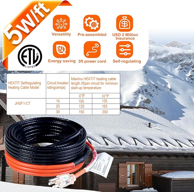 HEATIT Sewage Pipe Heating Cable for Buried Pipes, Wastewater Systems, Sump Pumps, Roof De-Icing, 120V Self-Regulating, Fluoropolymer Corrosion-Proof, Freeze Protection,JHSF1-CT,75FT