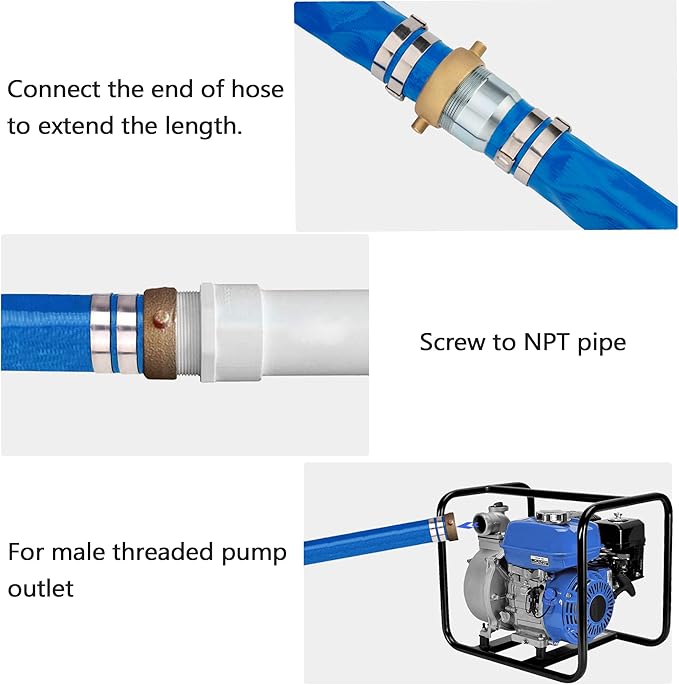 2" ID x 100 ft PVC Lay Flat Discharge Hose with NPT Pin Lug & KC Nipple Fittings, Heavy Duty Reinforced Blue Backwash Pump Hoses for Swimming Drain Pools and Clean Filters