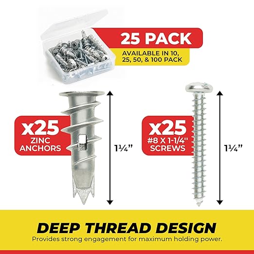 Qualihome Zinc Self Drilling Drywall Anchor Hollow Wall Anchor Kit With Screws - Metal Self Drilling Drywall Anchors With Wide Screw Fins - #8 Zinc Drywall Anchors Heavy Duty (25 Pack)