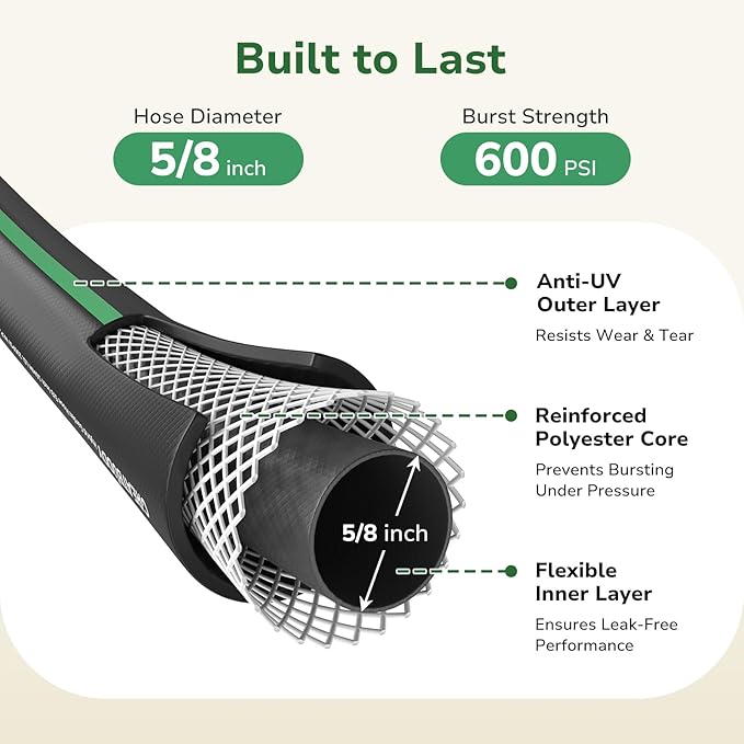 GreatBuddy Garden Hose 100ft, 5/8" Water Hose Heavy Duty, Flexible, Lightweight Hybrid Hose, Burst 600 PSI with Solid Brass Male to Female Fittings Leakproof Hose for Backyard, Garden