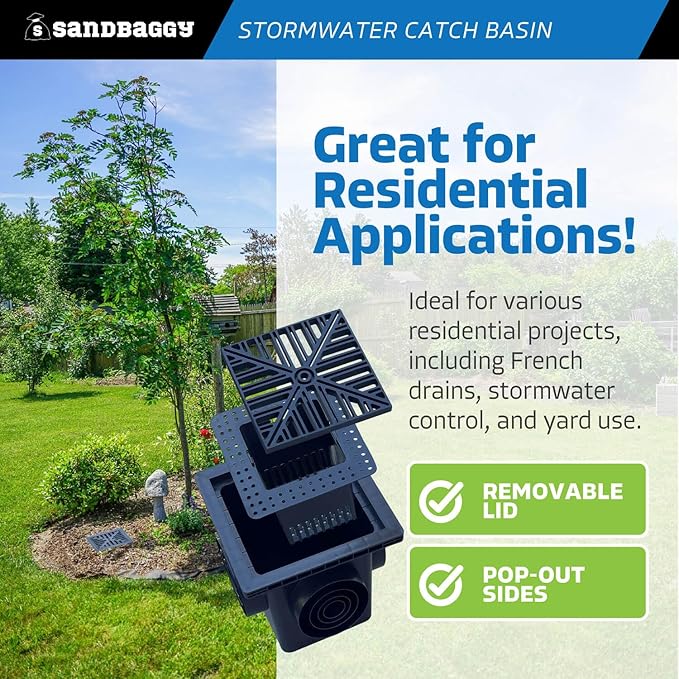 Sandbaggy 12" x 12" Stormwater Catch Basin - 4 Outlets - UV Treated with Debris Basket - Residential, Yard, Lawn, French Drains (12" x 12", 15, Count)