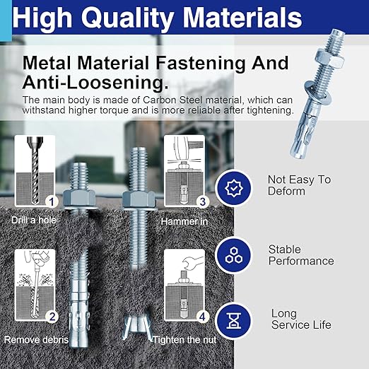 10Pcs 5/16" × 3-1/8" Concrete Anchor Bolts, Zinc Plated Carbon Steel Wedge Anchors for Cement, Brick, and Masonry