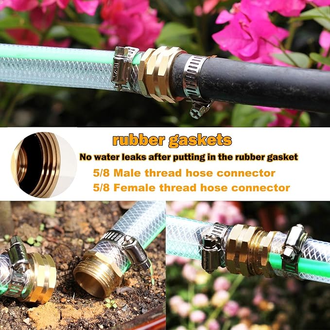Garden Hose Repair Connector with Clamps Hose End Repair Kit,5/8" Barb Garden Hose Fittings Male and Female brass garden hose ends (5/8"Barb-4 Set)