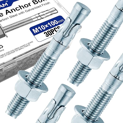 30Pcs 3/8" × 4" Concrete Anchor Bolts, Zinc Plated Carbon Steel Wedge Anchors for Cement, Brick, and Masonry