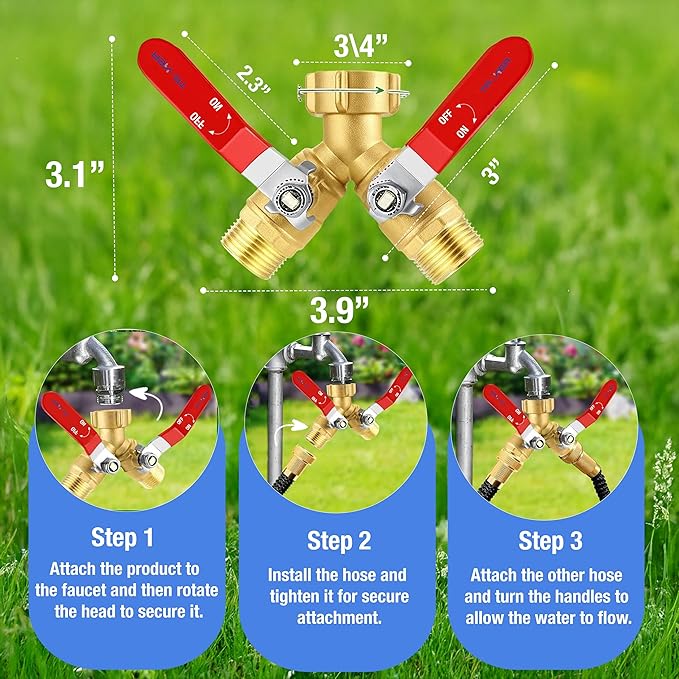 Premium 2 Way Brass Hose Splitter 3/4" Heavy Duty Leakproof Y Valve Garden Faucet Spigot Splitter Easy Long Handles With Extra Fittings and Teflon